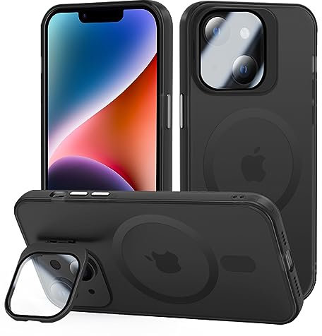 Tigratigro Cover con Cavalletto,Compatibile con iPhone 13/14,Protezione Fotocamera H9 vetro temperato,Custodia Posteriore Glassata Traslucida, Anti-Impronte,Sensazione di Velluto (Grafite Nero)