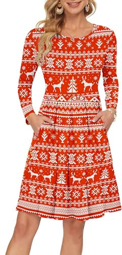 AUSELILY Damen Langarm Plissee Loose Swing Freizeitkleid mit knielangen Taschen Weihnachtshirsch L