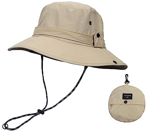 Su.B Herren-Sonnenhut, Faltbar, Fischerhut, Schnelltrocknend, Leicht, Verstellbare Größe, Boonie-Hut 55–63 cm – Beige