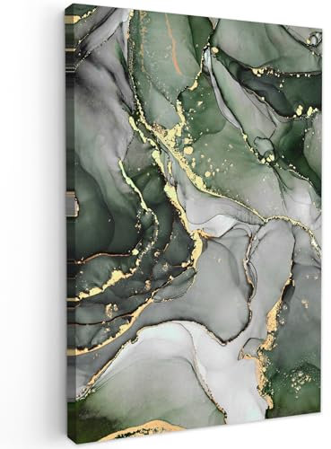 MuchoWow© Bild auf Leinwand 60x90 cm Schlafzimmer Bilder Wand Goldene Deko Wohnzimmer Modern Wanddeko Bilderwand Geschenk Marmor - Grün - Gold