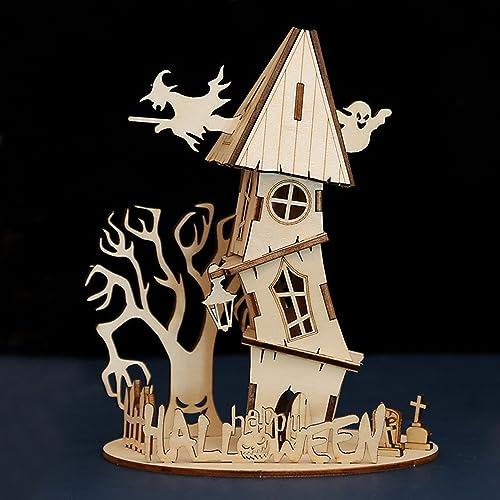 HuaCan 3D Puzzle Holz Halloween Haus Holzpuzzle Spielzeug Modellbausatz für Erwachsene und Kinder Modellbau Dekor Schwierigkeitsgrad 2 Sterne