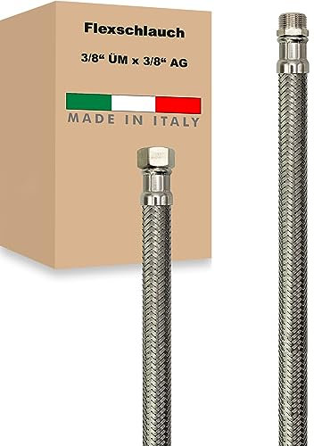 Flexschlauch ÜM x AG Edelstahl Panzerschlauch Anschlußschlauch Sanitär Armaturenschlauch Hauswasserwerk Made in Italy (3/8 x 3/8 - 800 mm)