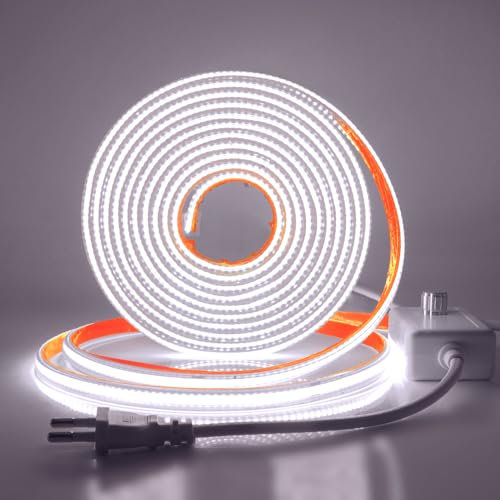 KISUFU Tira de neón LED, Impermeable IP65 220V COB Tiras de LED, 288 LEDs flexible DIY strip light con atenuador para Interior Exterior Fiestas y Decoración, Bar, Sala de juegos, Blanca, 1M