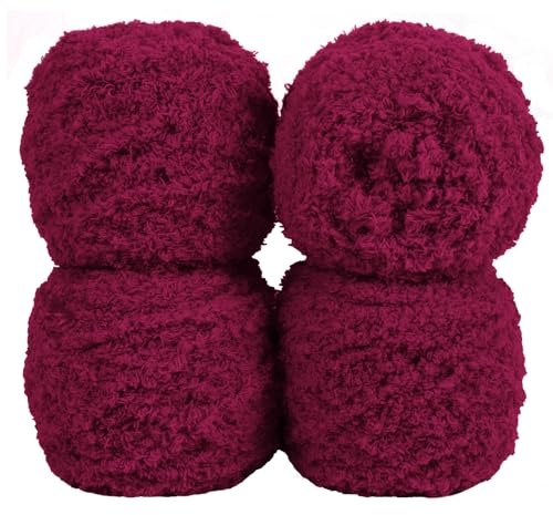 Uiopa Flauschige Wolle Garn Weinrot, 400g(4 x 100g, 4 x 80m) Plüschwolle zum Stricken 3 Stränge Fransengarn, Handstrickgarn Weiche Häkelwolle zum Decken Schals Mützen DIY-Projekte