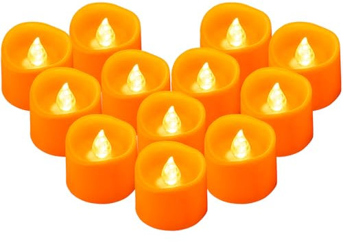 Yakpo 12 Pack Orange Tea Lights Battery Operated, Flameless Flickering Halloween LED Votive Tealight Candle, Outdoor Battery Flicker Electric Fake Candles Bulk for Pumpkin Christmas Fall Decorations