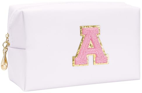 Toptime Kosmetiktasche, Tragbar Reise Make Up Tasche mit Chenille Buchstabe A, wasserdichte Kleine Schminktasche, PU Leder Niedliche Kulturtasche Damen, Make Up Organizer mit Reißverschluss (Weiß)