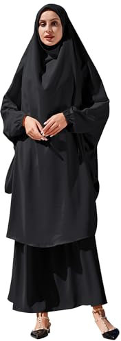 Odizli Abaya Muslim Damen Gebetskleidung für Frauen Langarm Hijab Lang Top + Maxi Rock Ramadan Outfit Islamische Muslimische Robe Kaftan Jilbab Khimar Burka Lang Gebetskleid Schwarz Einheitsgröße