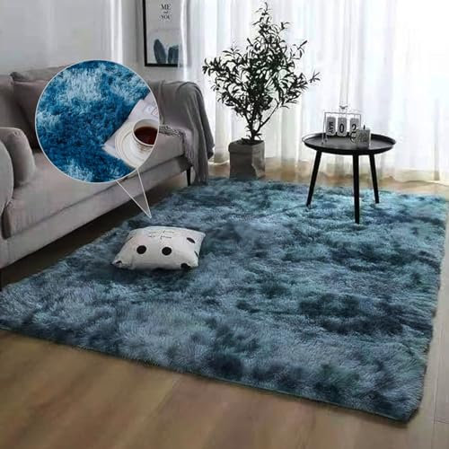 Tapis Salon à Poils Longs 80 x 180 cm Terrasse Tapis Cuisine, Panorama Tapis Carreaux Ciments Lavable Pile Long et Douce pour Salon Chambre Tapis de Plancher, Bleu