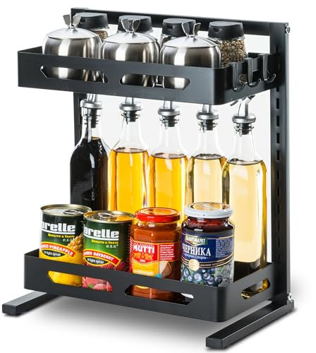 Leadfun Gewürzregal Stehend, Organizer Küchen, Küchenregal Arbeitsplatte, 2 Etagen Höhenverstellbar, Metall Organizer für Küche, Badezimmer, Büro, Kaffeestation, Gewürzständer (Schwarz)