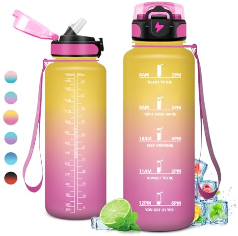 Gourde 1.5L, Sport Gourde Grande, Étanche et Réutilisable, Bouteille d'eau avec Marqueur de Temps et Paille, Gourde Graduée pour 1 Journee, Adulte, Gym, l'école, Voyage, Camping, Randonnée, Bureau