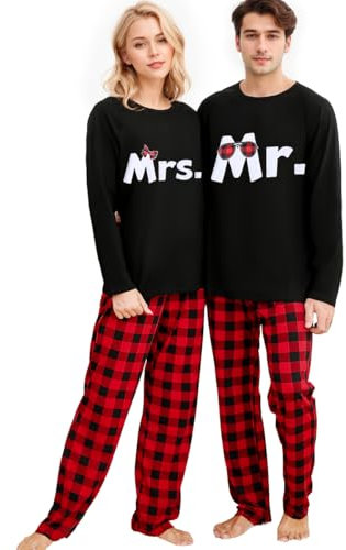 Lufebut Ensembles de Pyjama Noel Couple Manche Longue Vêtements de Femme Sleepwear avec T-Shirt et Pantalons Idéal pour Famille Noël Lune de mielAnniversaire Noir Femmes S