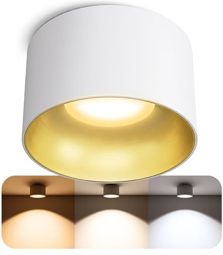 SSC-LUXon BAHIO Einbauspot weiß-gold Ø85mm 6W dimmbar 3 Lichtfarben LED | Design-Deckenspot mit goldener Innenblende - dimmbar, warm / neutral / kalt, nur 15mm tief, für Flur & Küche, inkl. LED
