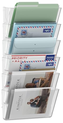 MINDEPOT Organizer da parete in acrilico con 6 tasche, porta documenti da parete trasparente, in plastica, per ufficio, scuola e casa, trasparente