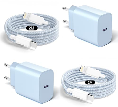 20W USB C Ladegerät und Ladekabel für iPhone 14/14 Pro/14 Pro Max/13/12/11/X/XR/XS/Mini/SE, 2Pack iPhone Schnellladegerät mit 2Pack 2M iPhone Schnellladekabel, PD3.0 USB C Netzteil - Blau