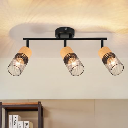 GBLY Deckenstrahler 3 Flammig Deckenleuchte Vintage Deckenlampe Schwarz | Gitter Holz Spots 350°Schwenkbar E14 Deckenspots Retro Wandstrahler für Wohnzimmer Schlafzimmer Küche Ohne Leuchtmittel