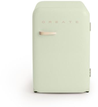 CREATE / RÉTRO FRIGO 83.5 ARGENT/Réfrigérateur vert pastel avec poignée sable / 98W, basse consommation, 2 étagères, régulateur de température, porte-bouteilles, 56x54x84cm.