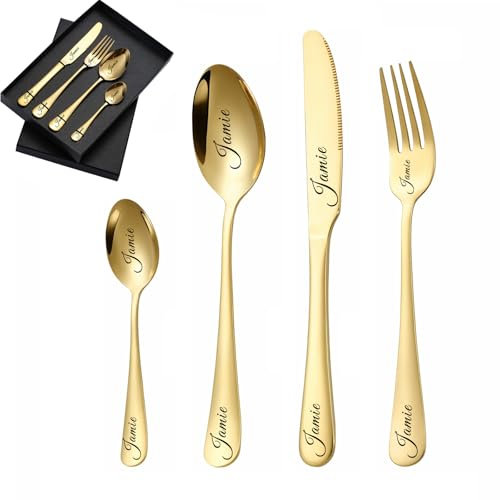 Custom Engraved Cutlery,Customise Tableware Set with Gift Box,Customized Mixed Stainless Steel Cutlery Set for Adults, Personalised Adult Cutlery Set, Fork, Knife, Spoon and Teaspoon (Gold)