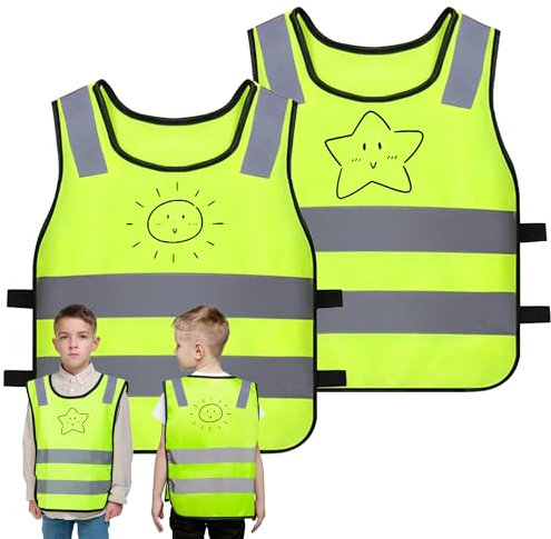KAOTPO 2er-Set Warnweste Kinder und Leuchtweste Kinder, mit Niedlichen Motiven, für 1-12-jährige Geeignet, 360°-Sichtbare Kinder Warnweste, für Schulweg, Radfahren und Straßenverkehr. (die Sonne)