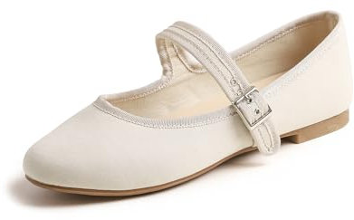 Feversole Women's Soft Breathable Mary Jane Memory Foam Cushioned Comfort Round Toe Metal Buckle Flats Walking Shoes Biege Canvas Size UK 5