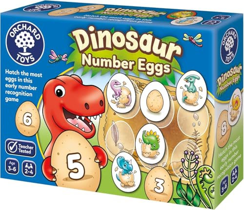Orchard Toys Dinosaur Number Eggs Number and Counting kids Educational Game For Dinosaur Fans Aged 3-6, Green, Blue, Yellow, Brown