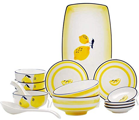 OOMRNV Service de Table en céramique avec Bol/Plat/cuillère de 18 pièces | Ensembles de dîner, Ensemble combiné en Porcelaine citronnée dessinée à la Main, Jaune