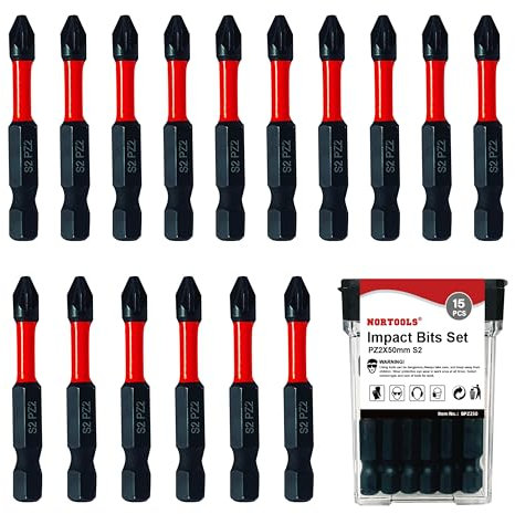 NORTOOLS 15pcs S2 Steel Magnetic Pozidriv Screwdriver Bit Set - (50mm) PZ2 Non-Slip, 1/4 Hex Shank, High Torque Impact Resistant for Drills & Screwdrivers