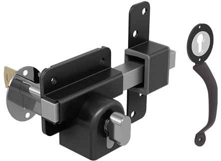 Gate Mate Long Throw Gate Lock for Sheds, Gates & Garage Doors, Keyed Outside & Inside Thumb Turn, 316 Stainless Steel, for Wooden Gates & Doors Up to 50mm (2”), 5 Keys with Black Handle