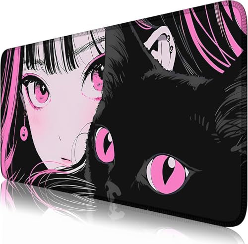 Nasdalgias Großes Gaming-Mauspad mit Anime-Motiv und Katze und Mädchen, Schreibtischunterlage für Büro, Computer, Tastatur, Laptop und Zuhause, 31,5 x 40,9 cm