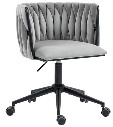 LIFEISLE Bürostuhl, 360° drehbar, Schreibtischstuhl Schminkstuhl, höhenverstellbar Drehstuhl mit Rollen, handgeflochtene Rückenlehne, Wohnzimmersessel Grau