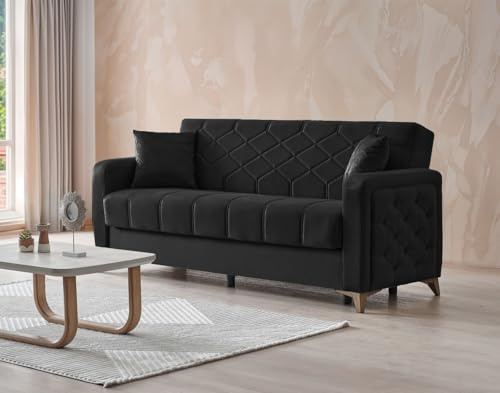 Stella Furniture Chesterfield 3 Seater Sofa Bed with Storage for Living Room - Convertible Three Seater Sofas & Couches with Cushions - Free Assembly & Delivery (3 Seater, Black)