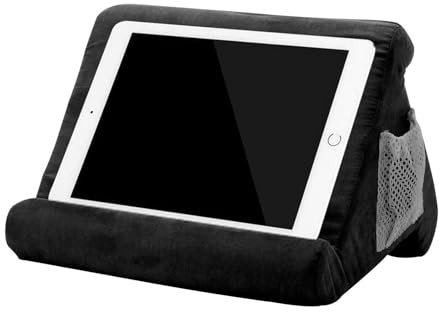 Plush Tablet Pillow Stand with Side Pocket Multi Angle Soft Lap Cushion for iPad Kindle Tablets Books Suede Feel Cover Black Comfortable Supportive for Bed Sofa Travel