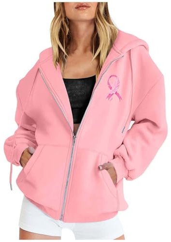 Générique Cancer du Sein Octobre Rose Sweat à Capuche Femme Cotton Sweatshirt avec Poches Hoodies Zippé Veste de Sport Blousons Casual Printemps Automne Sweat à Capuche Style Sport Cardigan Femme