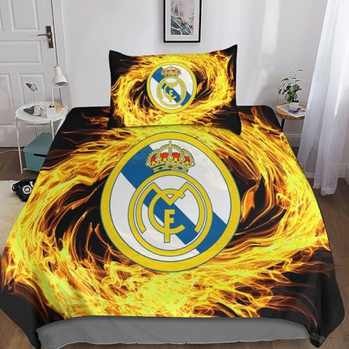 HESHS Real Madrid Bettbezug Set Bettwäsche Kinderbettwäsche-Set Reißverschluss Mit Kissenbezug Betten Set Für Jungen Und Mädchen, Kinder Single(135x200cm)