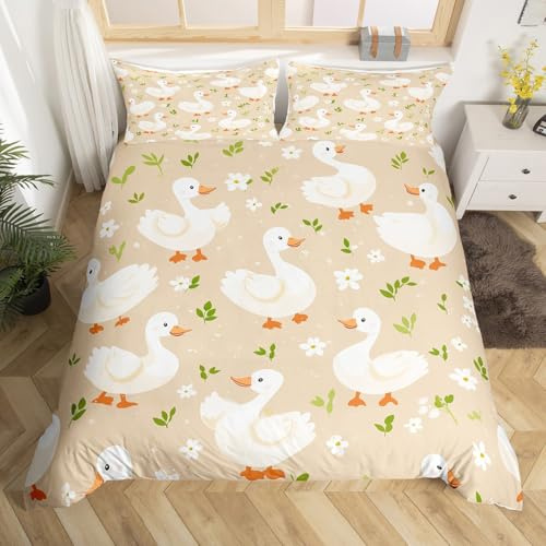 Homewish Rustikale Ente Weiße Gans Bettbezug 135x200 | Bettwäsche Teen Nette Blumenpflanzen Bauernhaus Landtiere Bett Grün Botanische Wildtiere Nette Zimmer