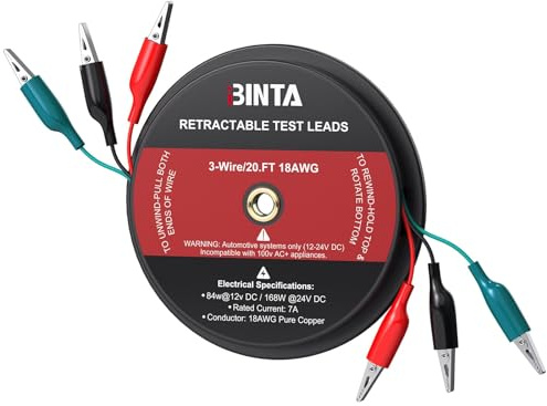 BINTA Câbles de Test Rétractables 3 Fils de 20 Pieds, Câbles de Test avec Pinces Crocodiles Rouge/Noir/Bleu, Fil 18 AWG pour Test Électrique, Voitures, Remorques
