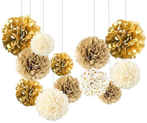 ROEOWENE 15pcs Seidenpapier Pompons Bunt Party Deko Seidenpapier-Gold Weiß
