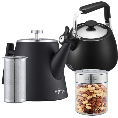SILBERTHAL Teekannen 3er Set mit Wasserkocher Induktion und Vorratsglas | Für Teebeutel und losen Tee - aus Edelstahl & doppelwandig - Ideales Geschenkset für Teeliebhaber