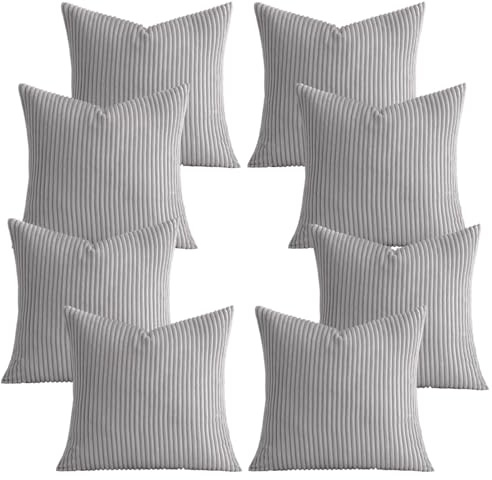 AMEHA Set of 8 Pcs Soft Stripe Silver Velvet Cushion Covers 45 x 45 cm with Invisible Zipper Decorative Square Throw Pillowcases for Livingroom, bed, couch, office (18x18 inch Stripe Cushions)