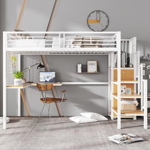 Merax Letto a castello in ferro per bambini e ragazzi, 90 x 200 cm, con tavolo e armadio, scala laterale in legno, bianco e naturale, certificato EN 747