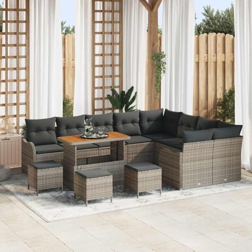 Runheo Gartensofa-Set 13-teilig, Grau Poly-Rattan, Modular, UV-beständig, wetterfest, für Terrasse & Balkon, höhenverstellbarer Tisch für 12 Personen