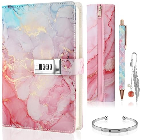 Foymlon Journal Intime Fille de 7 à 13 Ans, Journal Intime avec Cadenas,A5 en Cuir PU,Cahier Secret pour Fille,Carnet Secret avec Cadenas, Stylo, Trousse, Bracelet, Signet（Rose）