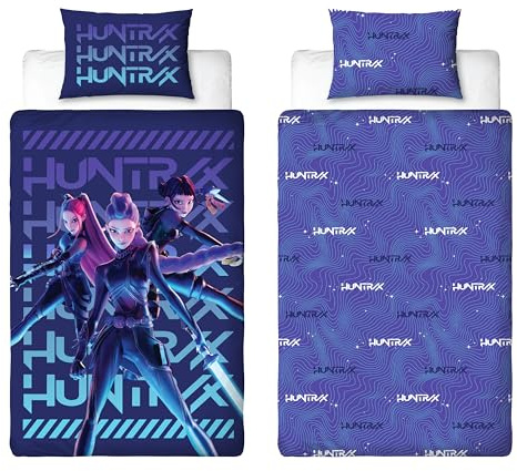Set copripiumino singolo con licenza ufficiale K Pop Demon Hunters | Design Huntrix Power | Biancheria da letto reversibile su entrambi i lati con federa coordinata
