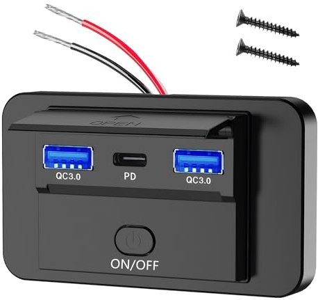Car USB Socket, 12V 3-port Car Charger with Switch, Dual Quick Charge 3.0 & PD Type-C, USB Socket Charger Adapter for RV, Boat, Truck