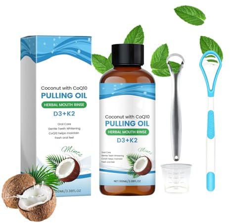 Ninnyi Coconut Oil Pulling Mouthwash with Tongue Scraper Set, 100ml Natural Formula Mouthwash for Fresh Breath, Teeth Whitening