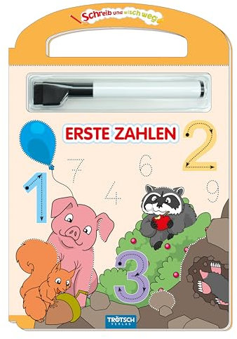 TRÖTSCH - Schreib und wisch weg Erste Zahlen mit Stift | Übungsheft mit abwischbarer Oberfläche und Stift zum Üben der Zahlen. Lernheft mit Schritt-für-Schritt-Anleitungen | Ab 4 Jahren