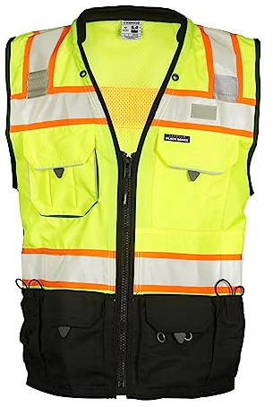 Kishigo Premium Black Series Men's Surveyors Vest S5002, Class 2 Hi-Vis Safety Vest, 10 Pockets with Reinforced Front Zipper Closure & Durable Webbing, ANSI/ISEA 107 Compliant (Lime/Black, LG)