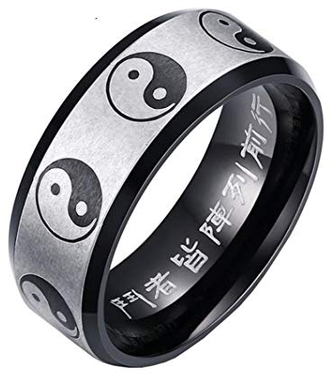 HIJONES Herren Geheimnisvoll Großer Wagen Taoist Ring Ying Yang aus Edelstahl Ringe Mantra Abgeschrägte Kanten Schwarz Silber Größe 60