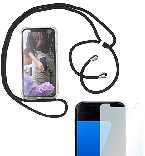 Eximmobile Handykette + Folie Schutzhülle kompatibel mit Huawei P20 Lite Handy Hülle mit Band Seil in Schwarz Schnur Case zum Umhängen Handytasche Umhängehülle Kette Kordel Silikoncase zum Tragen