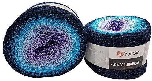 YarnArt Flowers 500 Gramm Bobbel Wolle mit Glitzer und Farbverlauf, 53% Baumwolle, Bobble Strickwolle Mehrfarbig (blau türkis Flieder 3254)