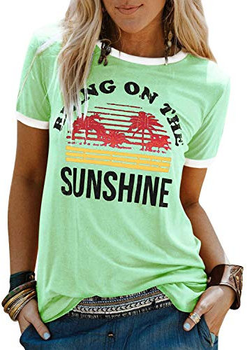 Dresswel Damen Bring On The Sunshine T Shirt Kurzarm Rundhals Regenbogen Top T-Shirt Sommer Oberteile Oben, hellgrün, XL